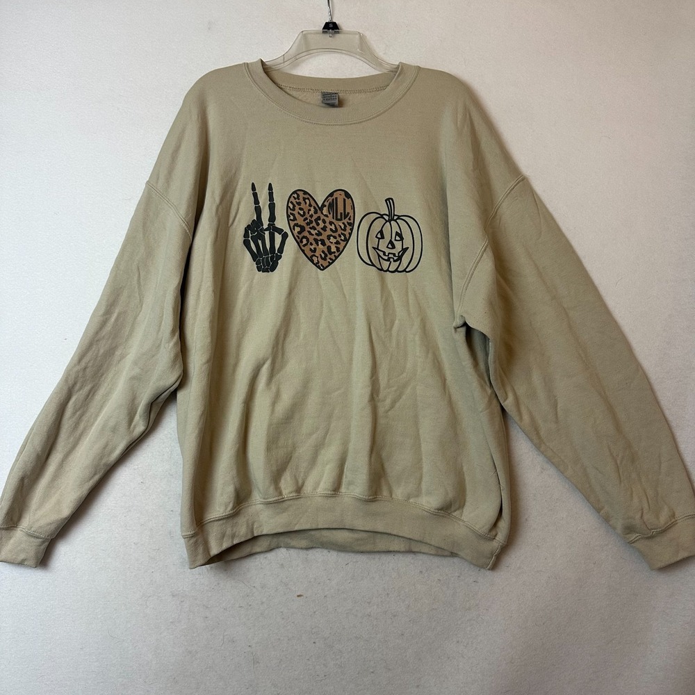 Gildan Heavy Blend Halloween Sweatshirt XL Tan Peace Heart Pumpkin‎ Monogram MLL